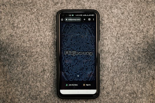 A smartphone showing the Midjourney website on its screen against a gray textured surface.