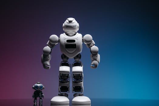 Close-up shot of two white robots displayed on a colorful gradient background symbolizing innovation in robotics.