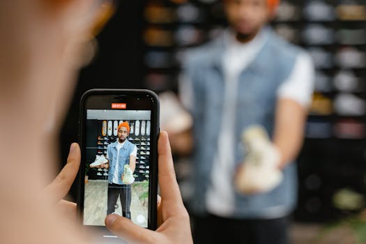 Man reviewing sneakers in-store captured on smartphone, showcasing footwear.