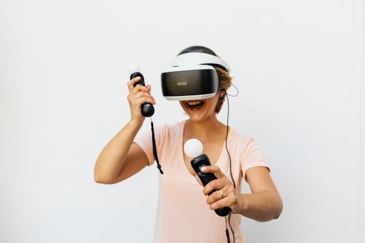 Smiling woman experiencing virtual reality with VR headset and controllers.